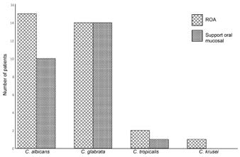 . Frequency of C. albicans, C. glabrata, C. tropicalis,
and C. krusei at 4 weeks after ROA placement, on the
support oral mucosa and the surface of the ROA