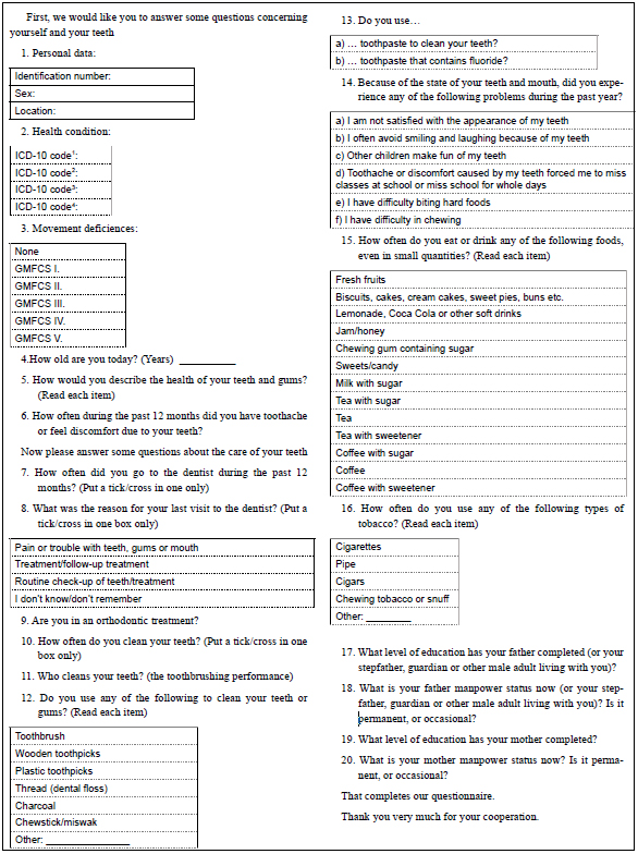 . Questionnaires applied, based on WHO recommendation [10]
