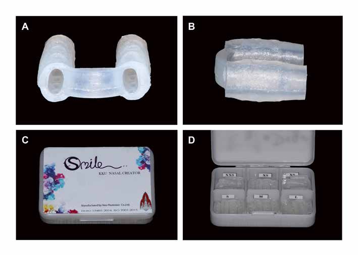 : The nasal creator device. A, Front view. B, Side view. C, Package. D, Available sizes