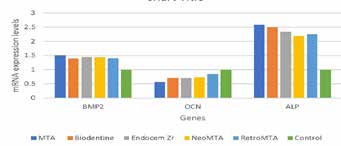 : Comparison of mRNA expression levels [ mean ± SD ]
of target genes in SHEDs exposed to eluates of various
test specimens in osteogenic media after 24 hours.