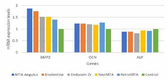 : Comparison of mRNA expression levels [ mean ± SD ]
of target genes in SHEDs exposed to eluates of various
test specimens in non- osteogenic media after 24 hours.