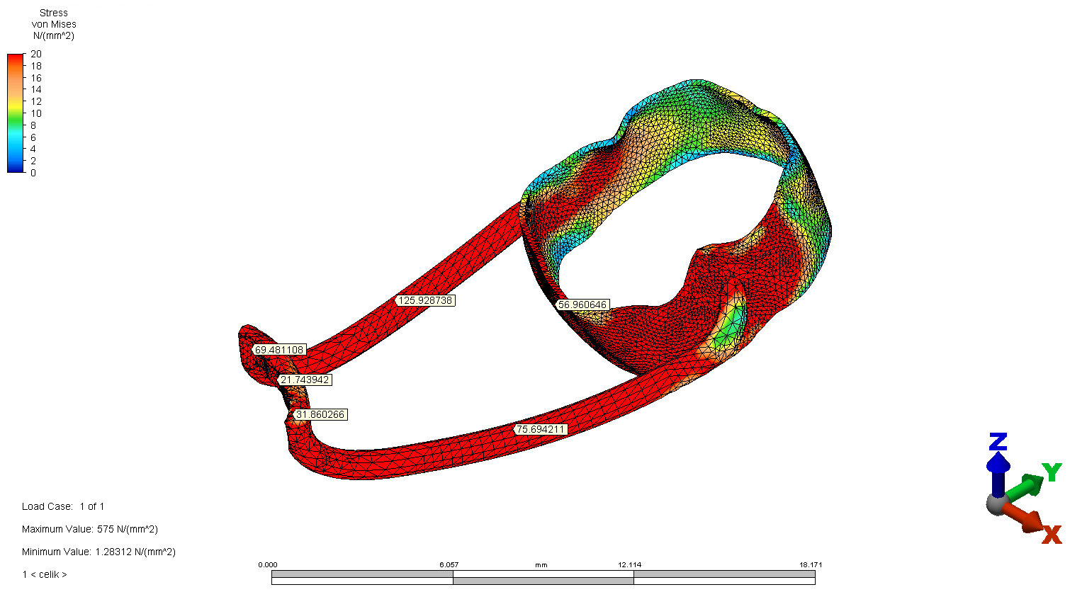 FSM with curved arms. The von Mises Stress Scale in Test Model
3 is shown using a stress scale and spatial coordinates.