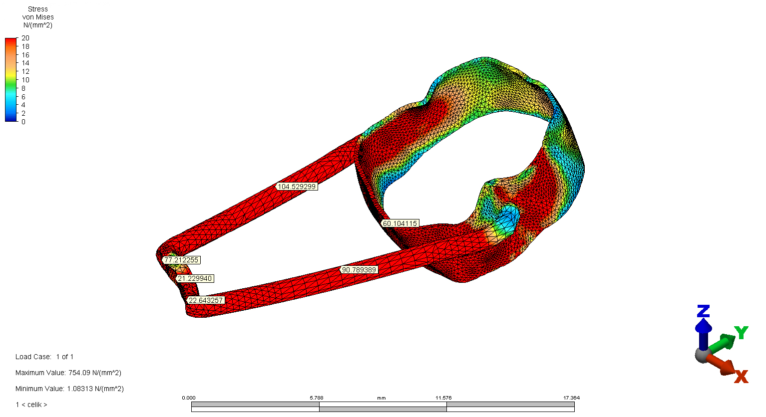 FSM with straight arms. The von Mises Stress Scale of the
Control Group in Test Model 1 is shown using a stress scale and spatial
coordinates.
