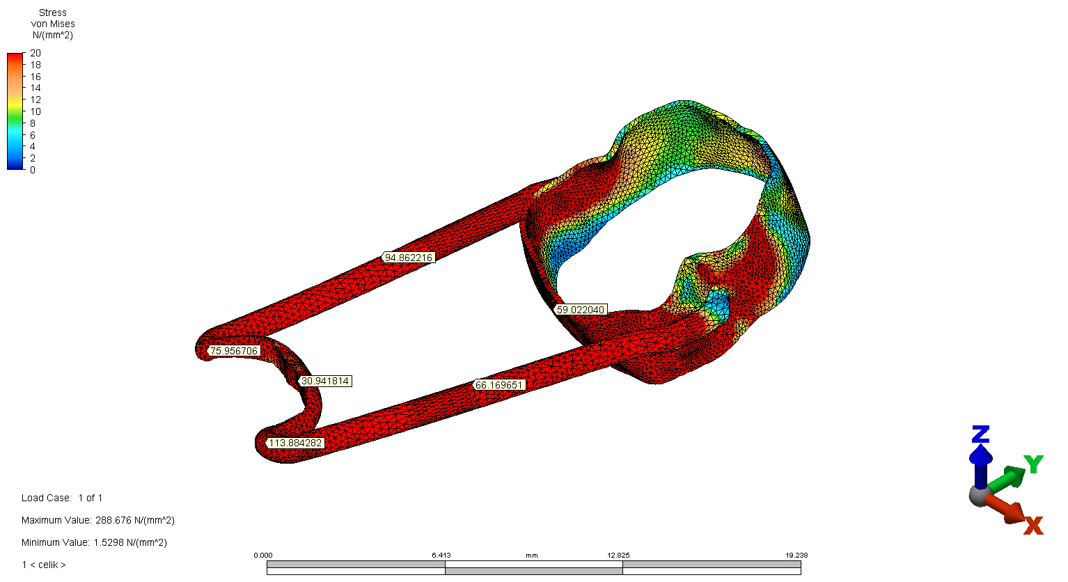 FSM with straight and surround arms. The von Mises
Stress Scale in Test Model 2 is shown using a stress scale and spatial
coordinates.