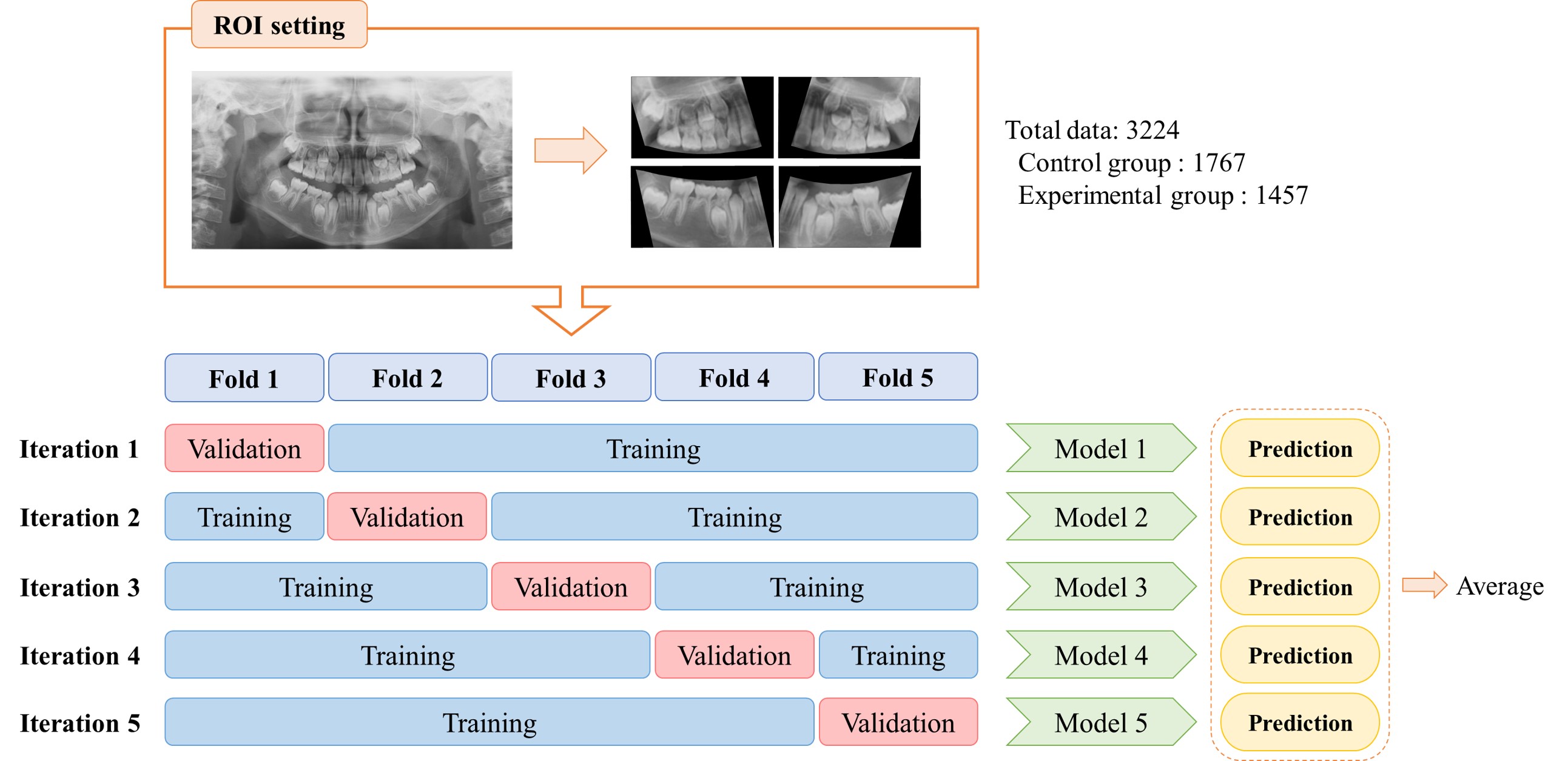The 5-fold cross-validation. The data was divided randomly into
five groups, with four of them serving as the training sets and one as a
validation set. ROI: Region of interest.