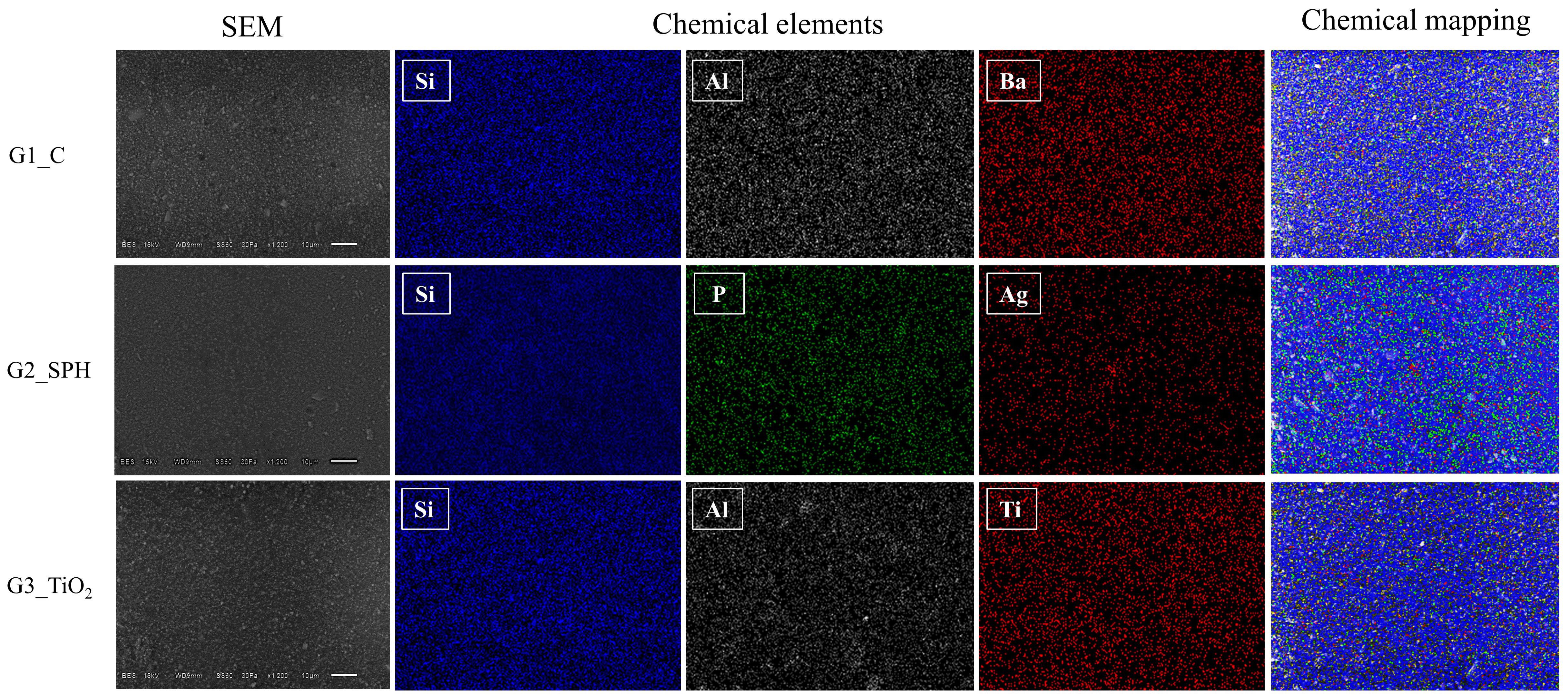 Representative SEM images of RMGICs surfaces with different
nanoparticles. (Original magnification ×1200); scale bar = 10
µm. Representative chemical mapping by EDS, show a principal
chemical element in conventional and modifies RMGICs, sodium (Na), aluminum (Al),
silicon (Si), barium (Ba), additionally in the modified RMGICs were analyzed
phosphorus (P), calcium (Ca), silver (Ag), and titanium (Ti) and chemical
mapping. (Original magnification ×500); scale bar = 10 µm.
G1_C: control; G2_SPH: silver phosphate/hydroxyapatite; G3_TiO2: titanium
dioxide; SEM: Scanning Electron Microscopy.
