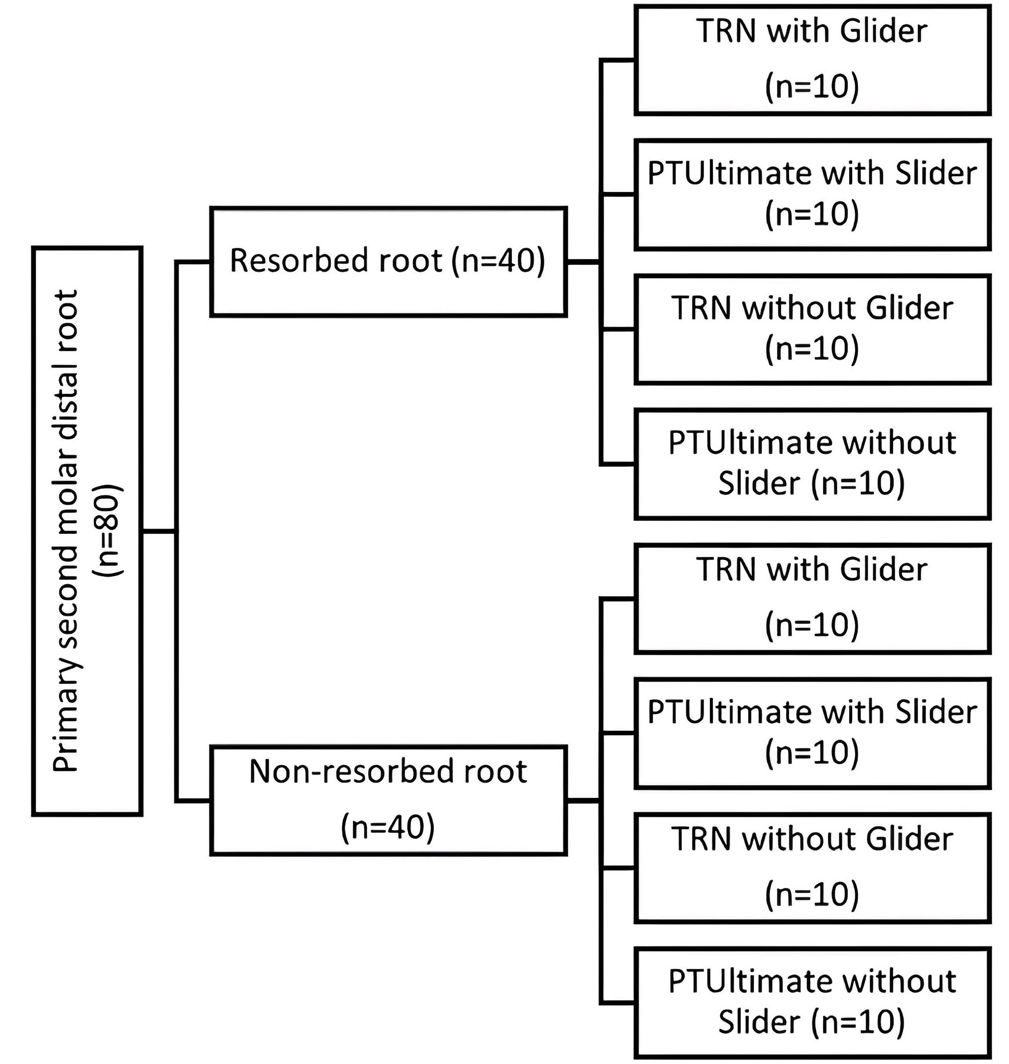 Grouping of samples based on the file used, the presence of
gliders, and the presence of resorption in the teeth. TRN: TruNatomy; PTU:
ProTaper Ultimate.