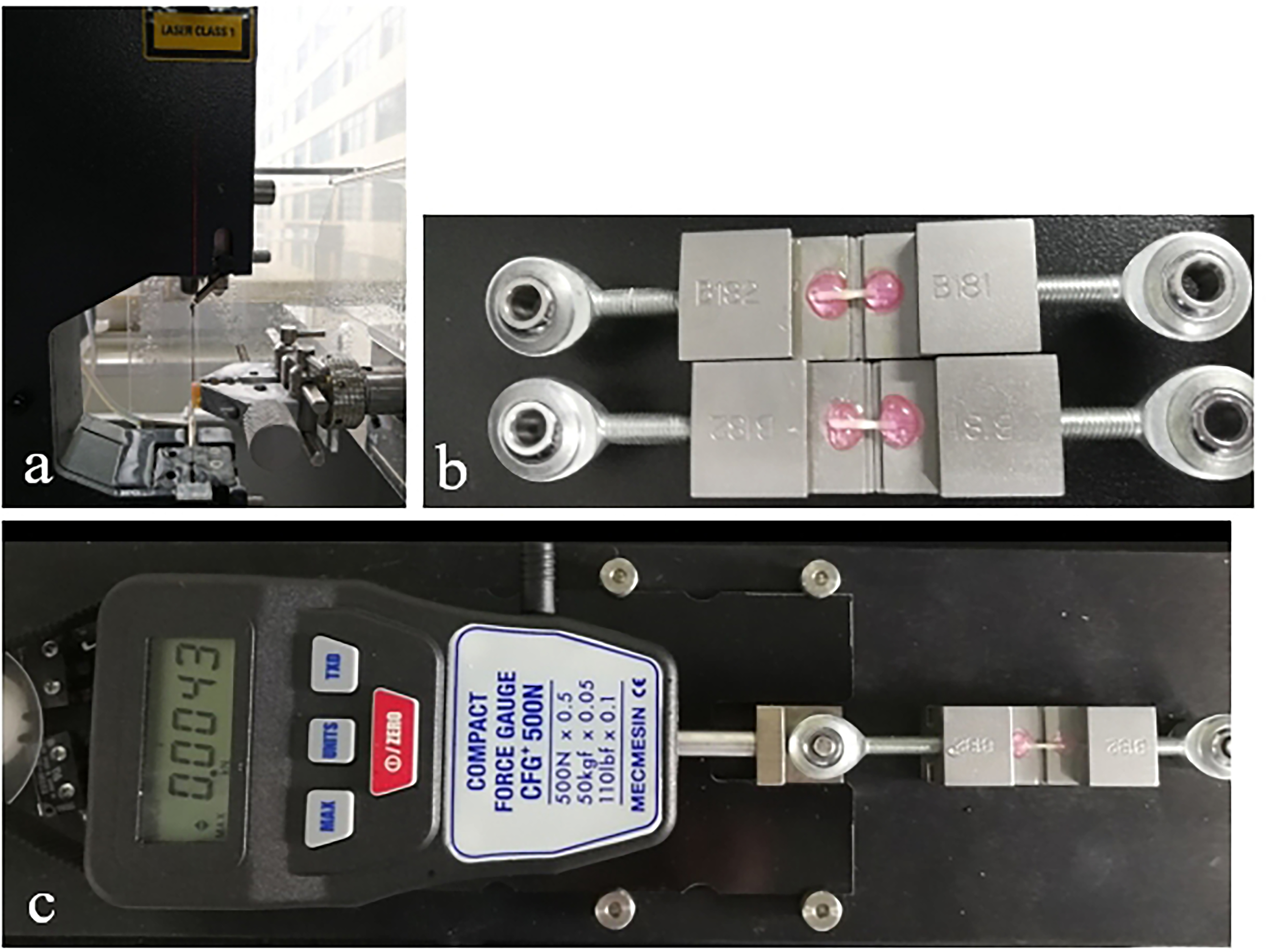 The experimental process of the study. (a) Hard tissue slicer.
(b,c) Micro-tensile strength test.