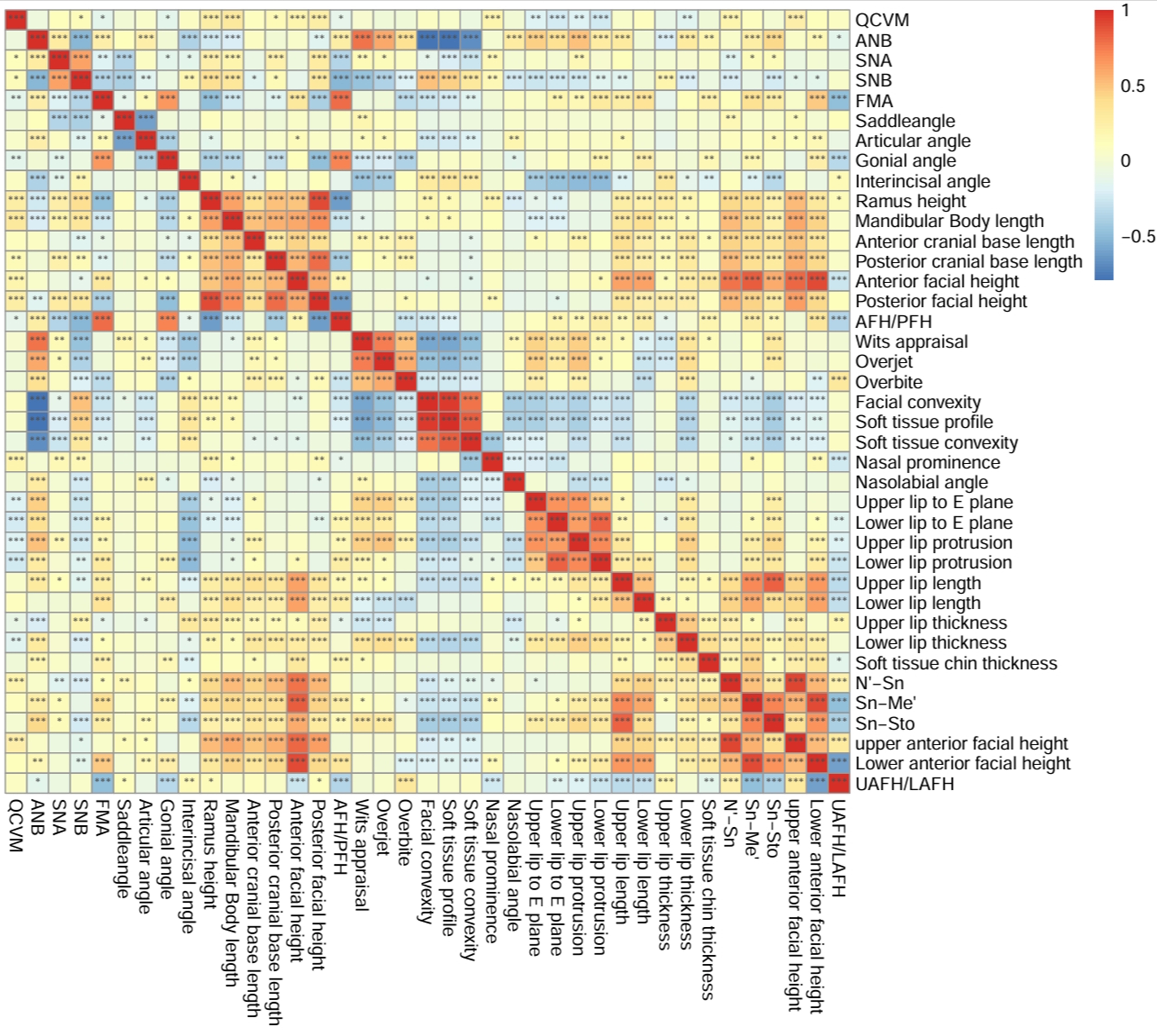 The heatmap of correlations among the craniofacial parameters
and QCVM. Spearman’s correlation analysis was used and the p values
were adjusted with Benjamini and Hochberg method. *p value < 0.05;
**p value < 0.01; ***p value < 0.001. QCVM: quantitative
cervical vertebrae maturation; FMA: Frankfort-mandibular plane angle; AFH:
anterior facial height; PFH: posterior facial height; UAFH: upper anterior facial
height; LAFH: lower anterior facial height. SNA: Sella nasion A point angle; SNB:
Sella nasion B point angle; ANB: Angel-Nose-Bite angle; N’: nasion of soft
tissue; Sn: subnasale; Me’: menton of soft tissue; Sto: Stomi, stomion inferius.