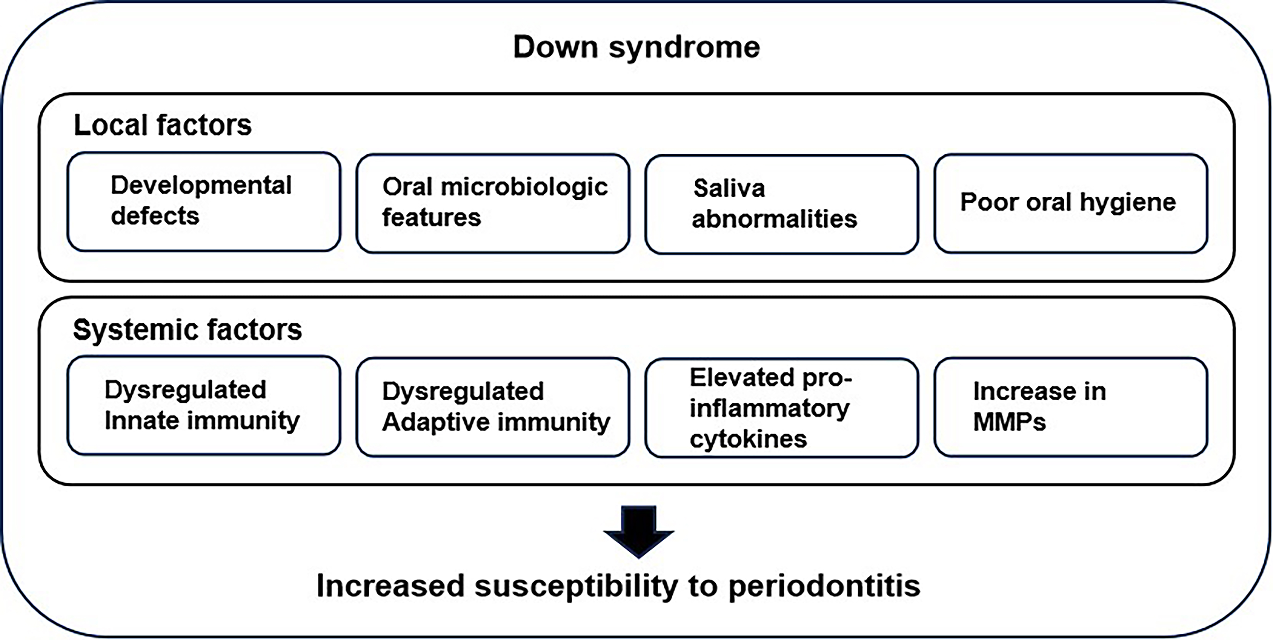 The etiological factors of periodontitis susceptibility in 
individuals with Down Syndrome. Top column: local factors; Bottom column: 
systemic factors. All these elements collectively contribute to an increased 
susceptibility of individuals with Down Syndrome to periodontitis. MMPs, Matrix 
Metallopeptidase.