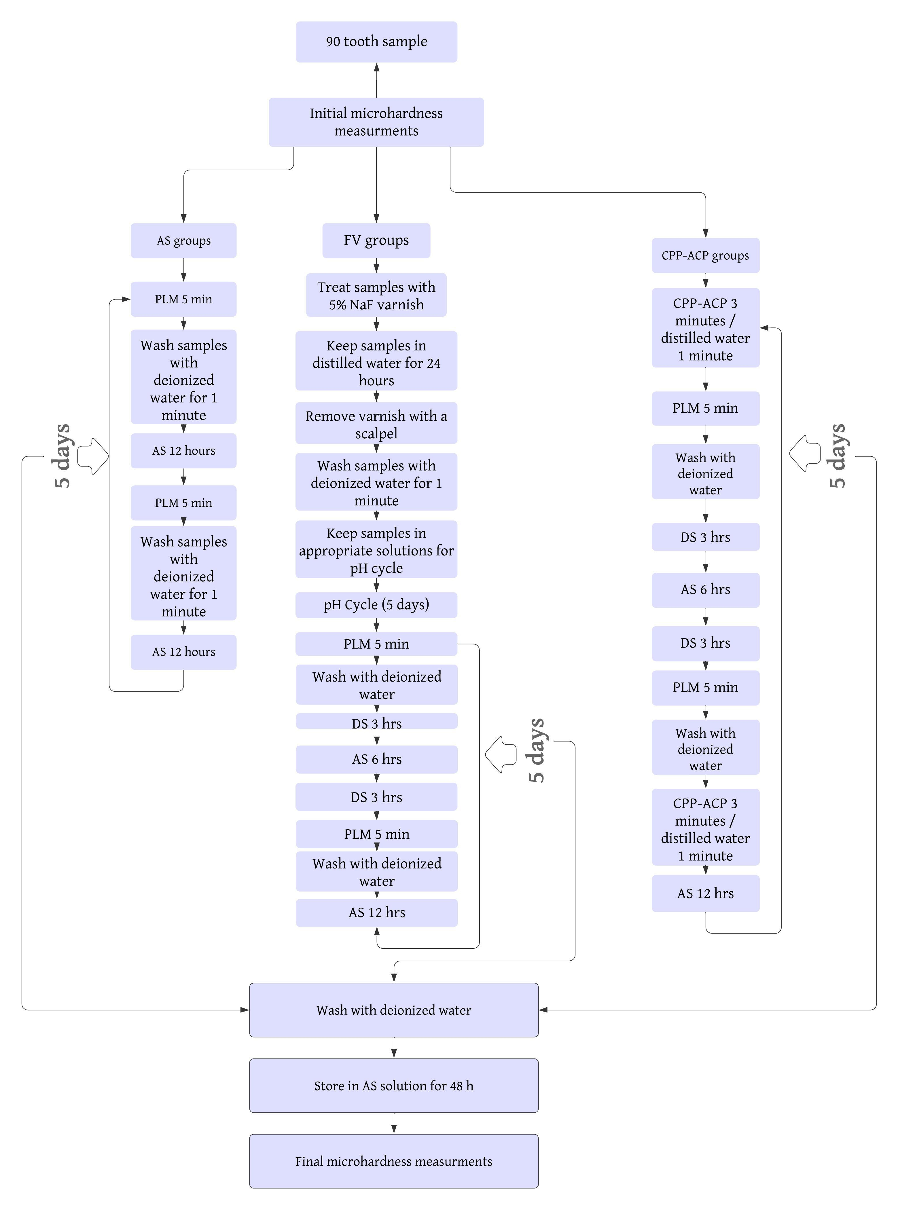 Immersion cycle schematic. AS: artificial saliva; PLM:
pediatric liquid medications; FV: fluoride varnish; NaF: sodium fluoride;
CPP-ACP: casein phosphopeptide-amorphous calcium phosphate; DS: demineralization
solution.