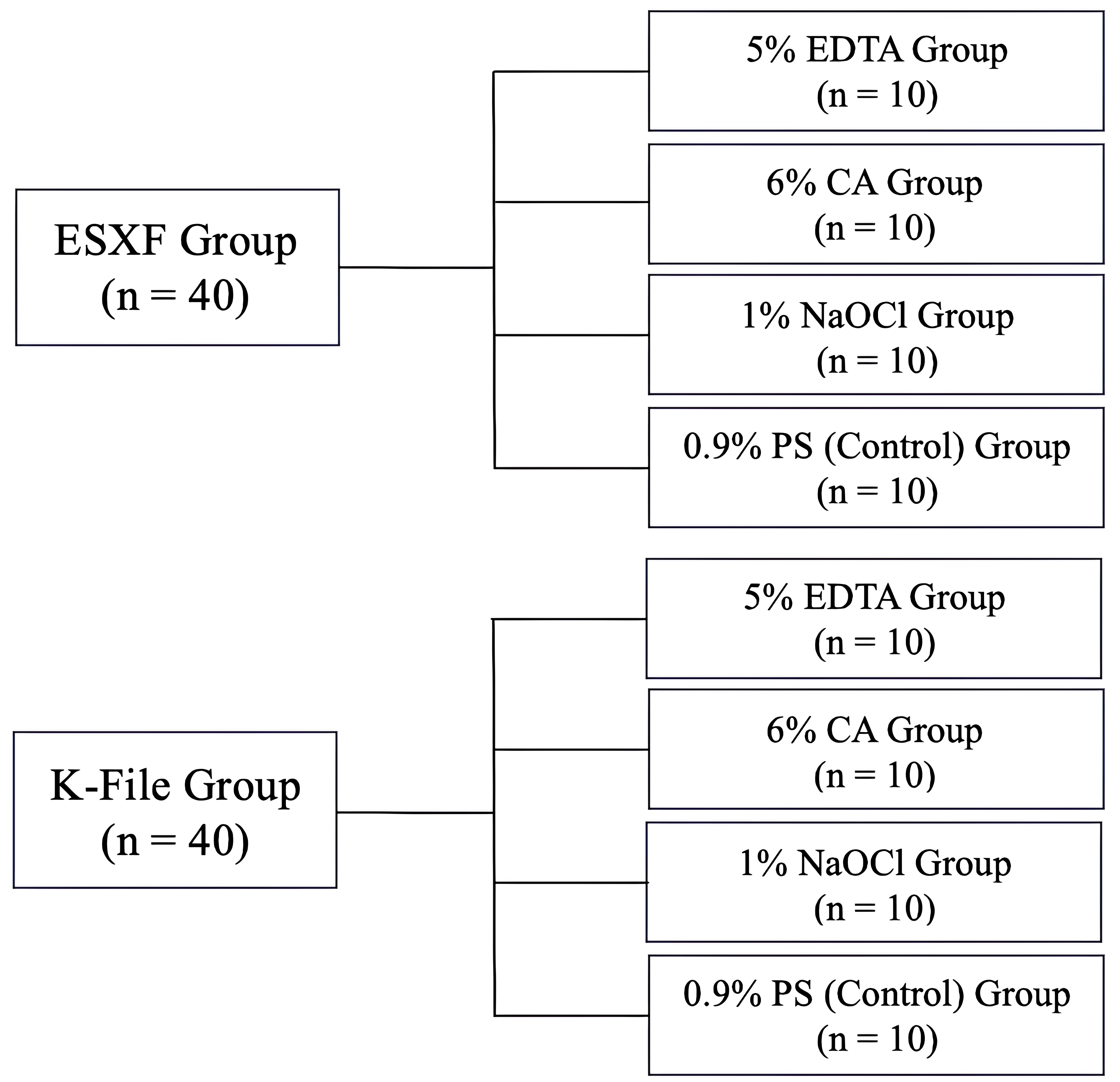 Schematic view of the main and subgroups of the study. ESXF: 
Easy in Smile X Baby Rotary File, EDTA: Ethylene Diamine Tetra Acetic Acid, CA: 
Citric Acid, NaOCl: Sodium Hypochlorite, PS: Physiological Saline.