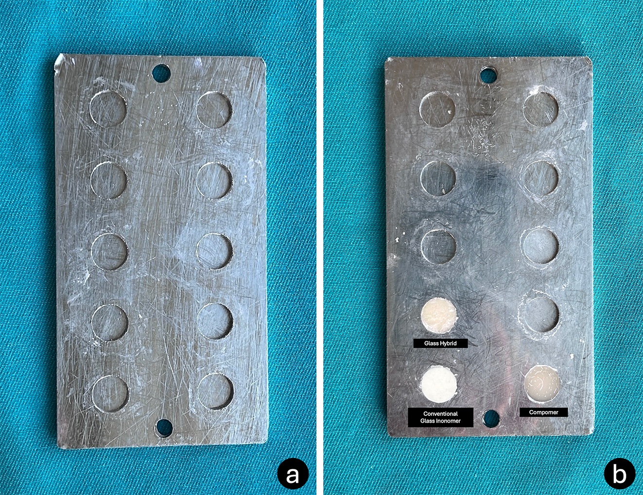 Metal molds used in this study (a) and prepared restorative
material samples (b).