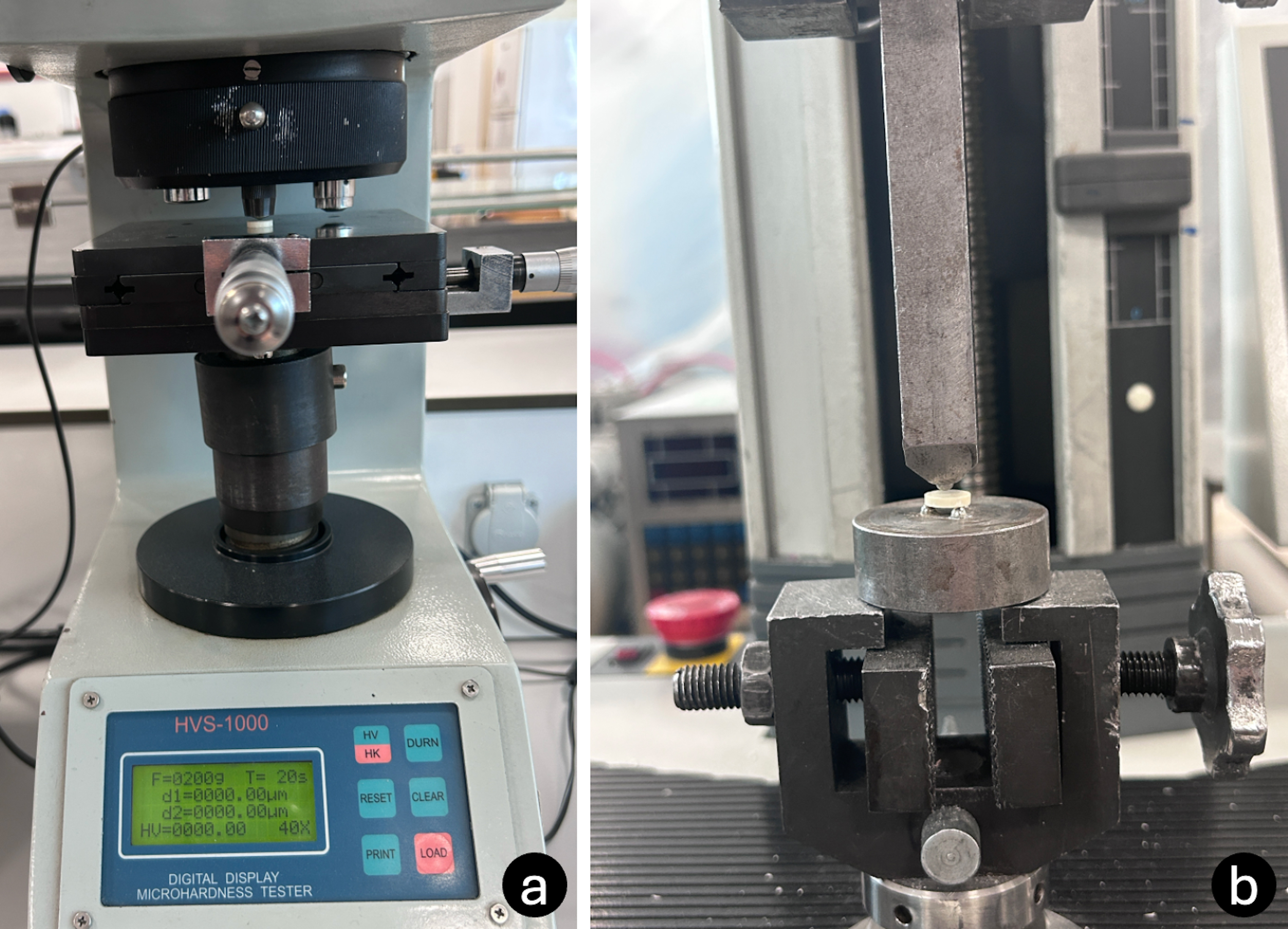 Vickers microhardness testing (a) and fracture strength
testing (b).