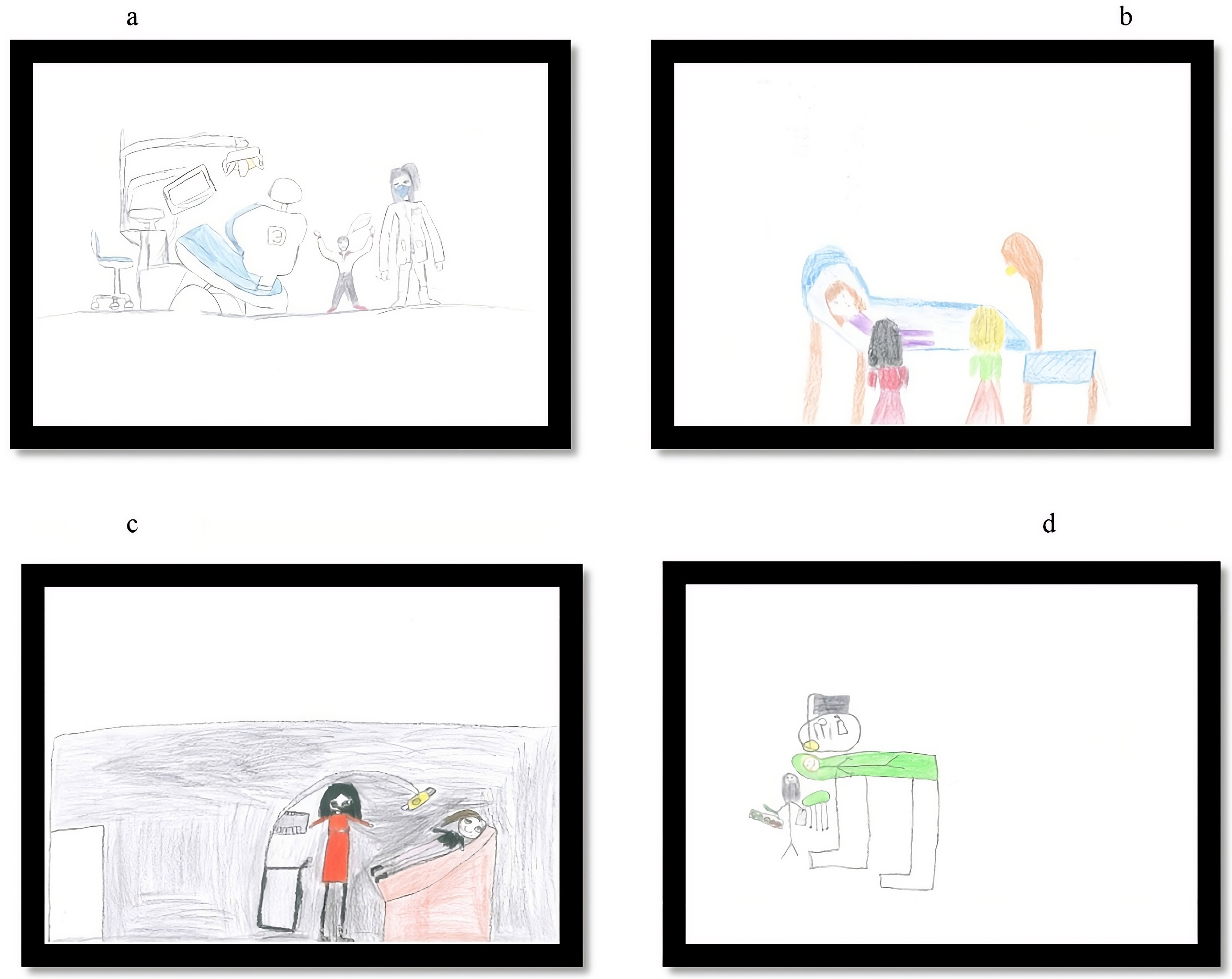 Examples of children’s drawings. (a) This picture indicates
very low stress, and the CD:H score was 43. (b) This picture indicates low
stress, and the CD:H score was 73. (c) This picture indicates average stress, and
the CD:H score was 93. (d) This picture indicates average stress, and the CD:H
score was 118.