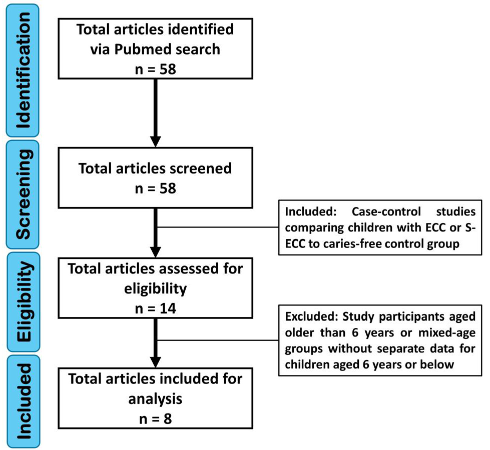 Literature review and screening process of the included 
studies. ECC: Early childhood caries; S-ECC: Severe early childhood caries.