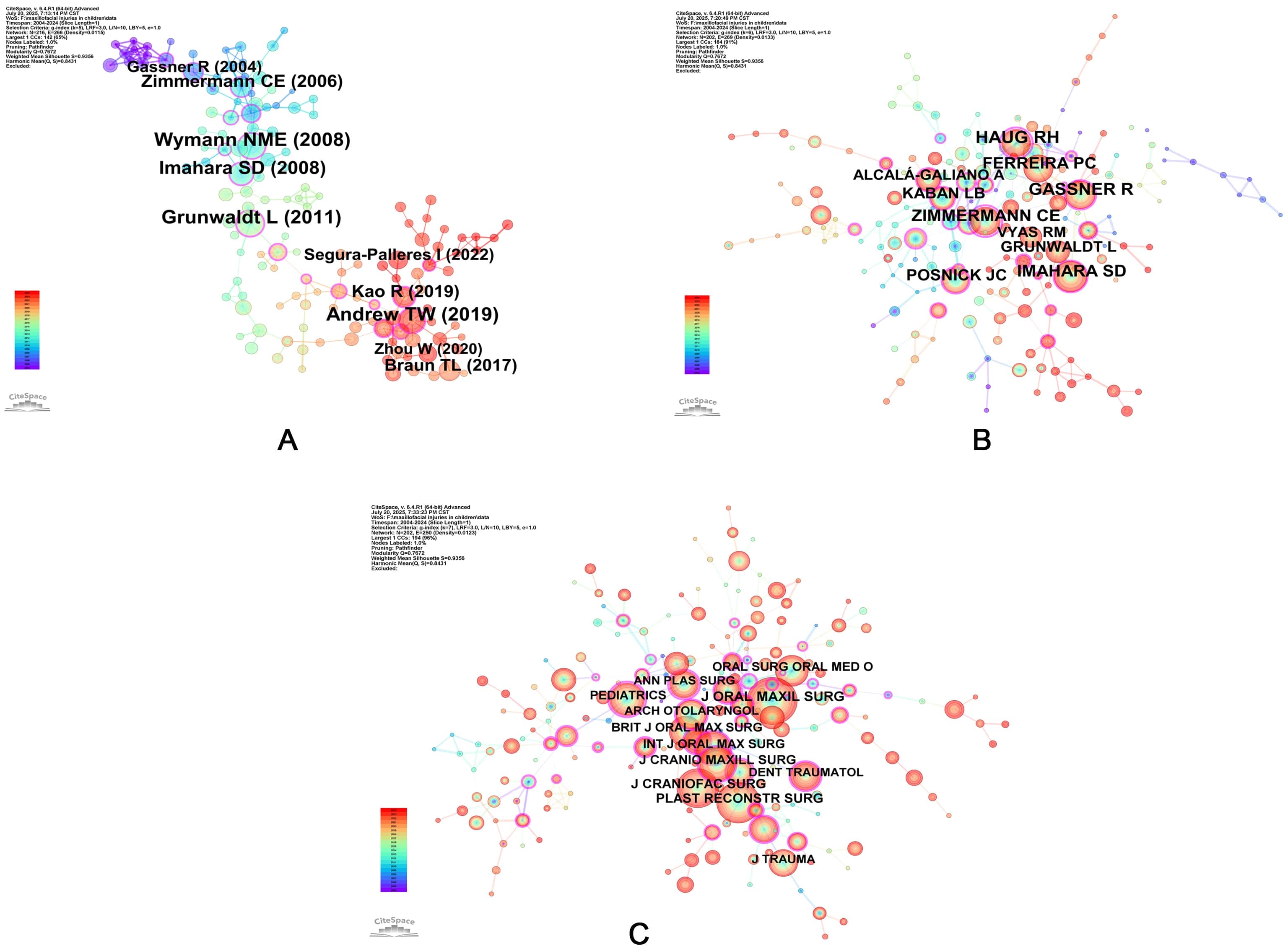 Co-occurrence and co-citation graphs. (A) The network of 
co-cited references. (B) The network of co-cited authors. (C) The network of 
co-cited journals. LRF, Link Retaining Factor; L/N, Links Per Node; LBY, Look 
Back Years; CCs, Connected Components.