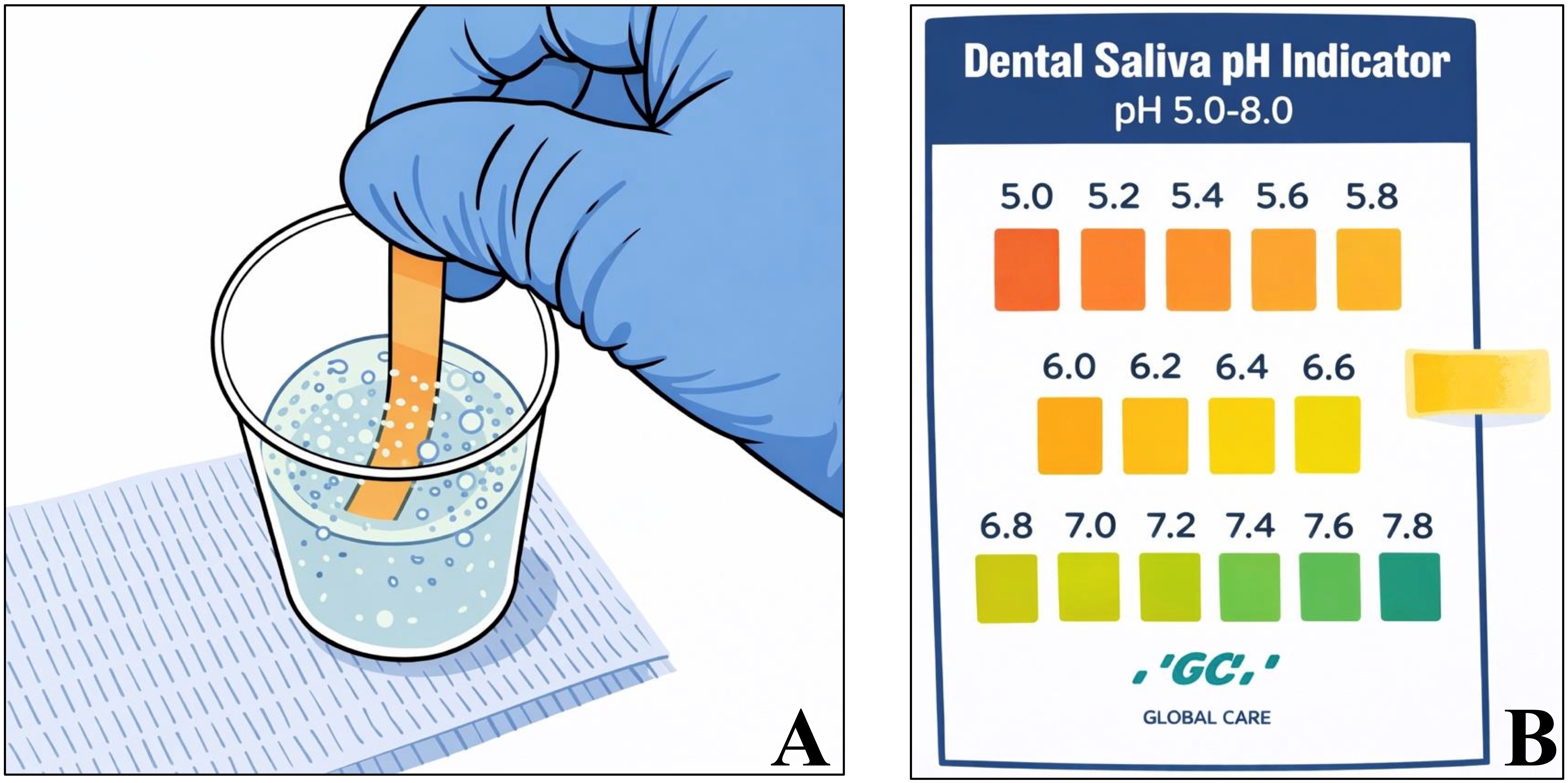 Salivary pH evaluated with test 3. (A) strip placed in the 
dispensing cup; (B) pH test legend. Adapted from [18] under Creative Commons 
Attribution (CC-BY) license.