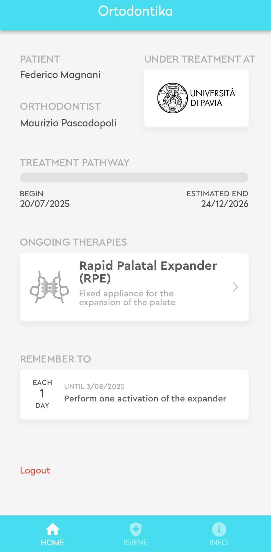 Example of initial screen of Ortodontika application showing
personal data of patient, orthodontist, treatment duration, type of appliance and
active notifications. The screen was translated into English.