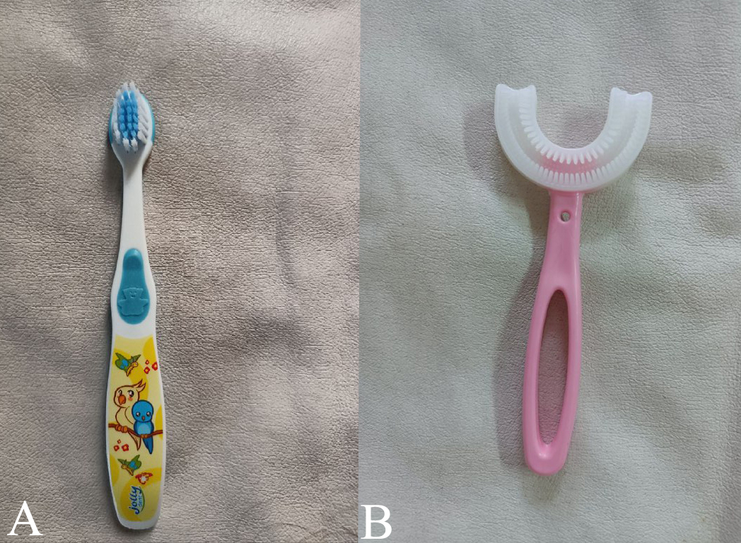 Toothbrushes used in the current study. (A) Traditional
toothbrush and (B) U-shaped toothbrush.