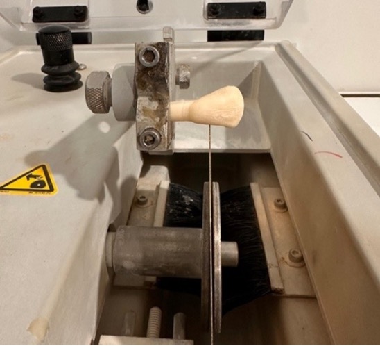 The separation of the teeth from their roots using a precision
saw (BUEHLER IsoMet® 1000) and a diamond separator (A7354 Medium
Grain 200, 0.17 mm Acurata®) under water cooling.